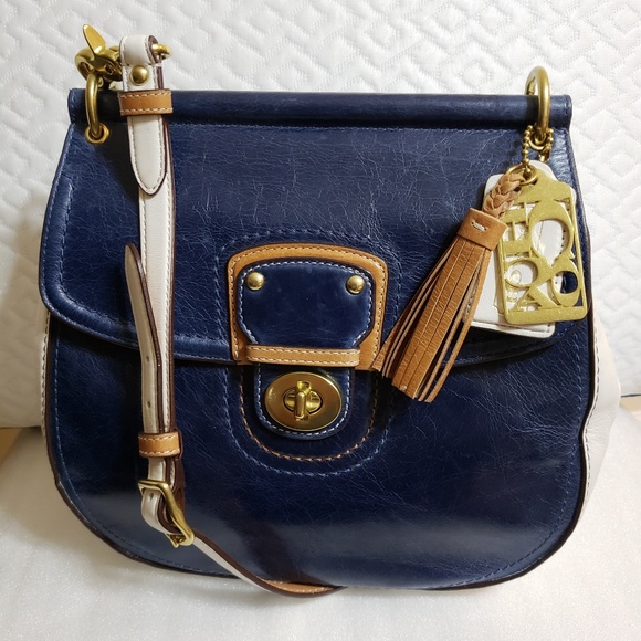 Coach Handbags - Coach Navy Blue, White & Tan Leather Crossbody Bag with Tassel
